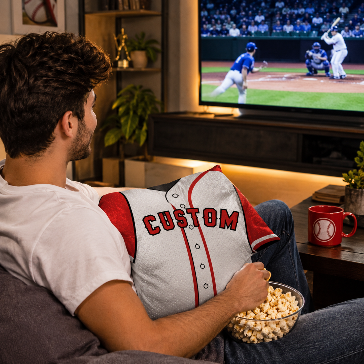 Baseball jersey throw pillow in white and red as personalized birthday gift for players