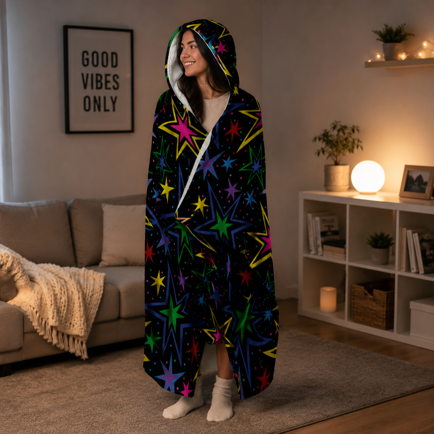 Movie night personalized hooded blanket showing full 47 by 78 inch Minky fleece size
