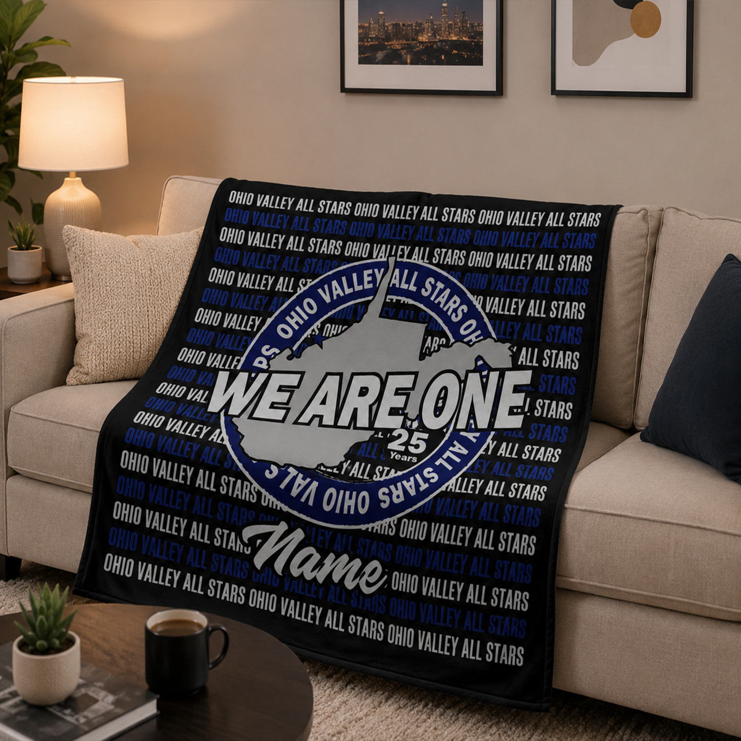 Close-up of custom name on Ohio Valley we are one fleece throw blanket
