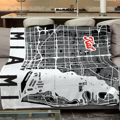 City map personalized throw blanket showing full 50 by 60 inch polyester fleece size
