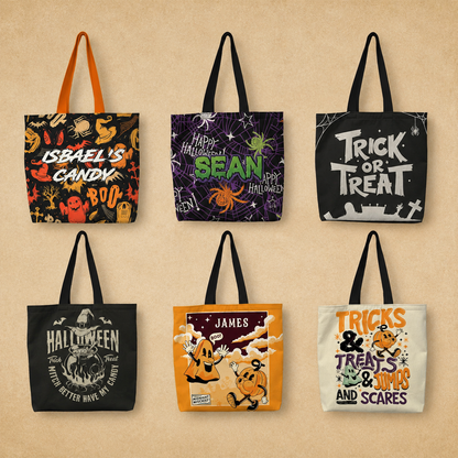 Tricks and treats personalized tote bag in multiple colors as Halloween seasonal gift
