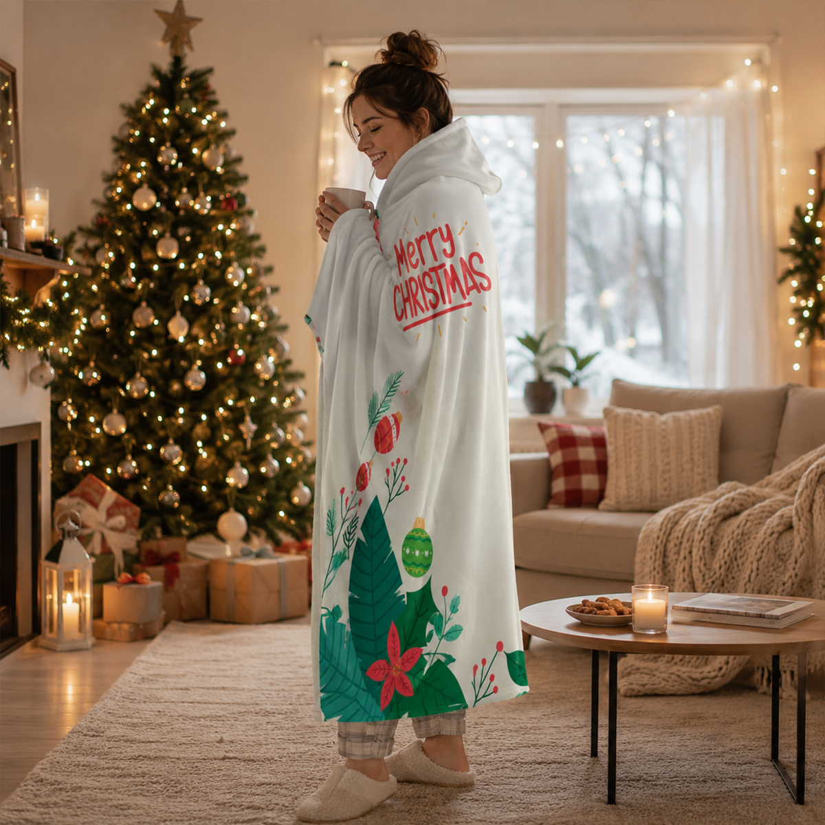 Personalized Merry Christmas hooded blanket as cozy holiday gift for the whole family
