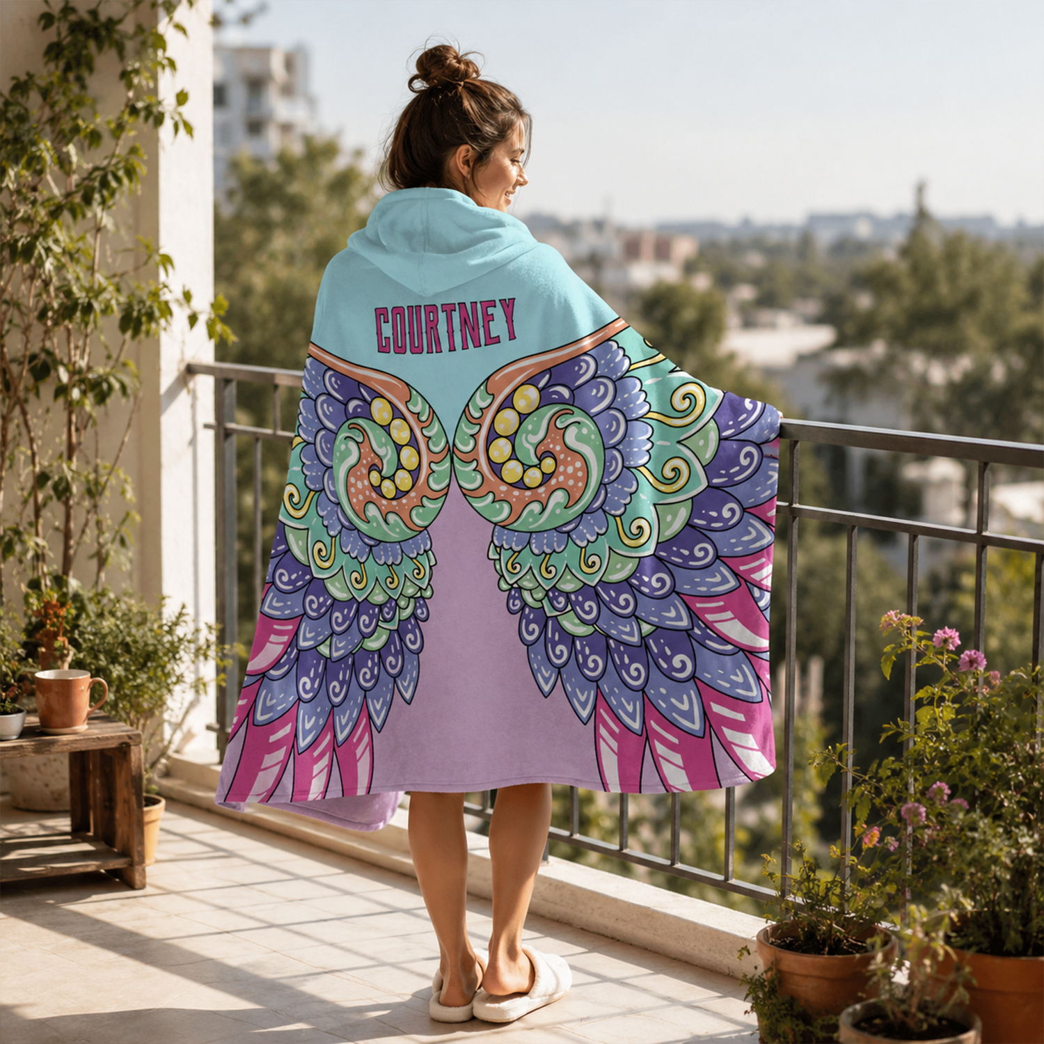 Personalized whimsical wings hooded blanket as unique gift for fantasy nature lovers
