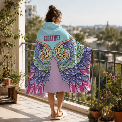 Personalized whimsical wings hooded blanket as unique gift for fantasy nature lovers
