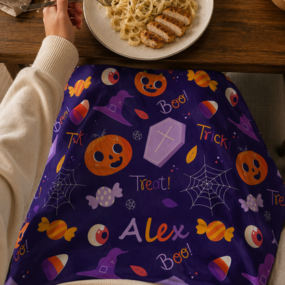 Close-up of custom name on Halloween trick or treat cotton placemat 15 by 12 inch
