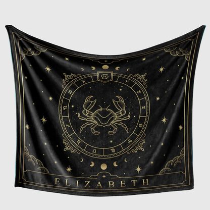 Personalized zodiac throw blanket showing full 50 by 60 inch polyester fleece size
