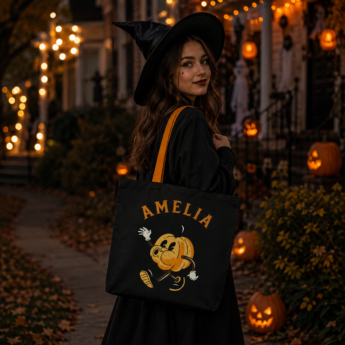 Women holding personalized Halloween pumpkin tote bag as fun trick or treat gift
