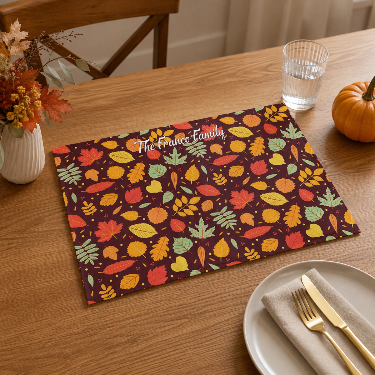 Fall plaid personalized placemat showing soft cotton twill texture and seasonal colors
