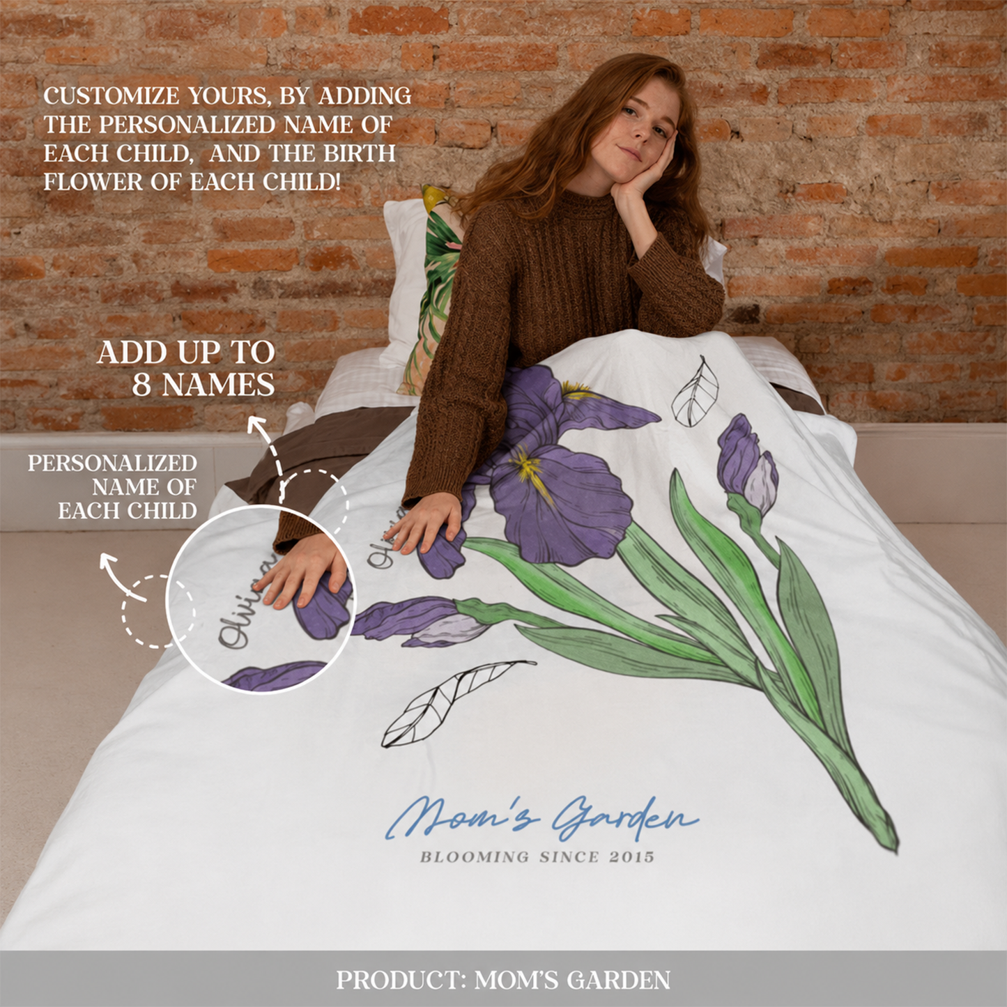 Family birth flower throw blanket showing full 50 by 60 inch polyester fleece size
