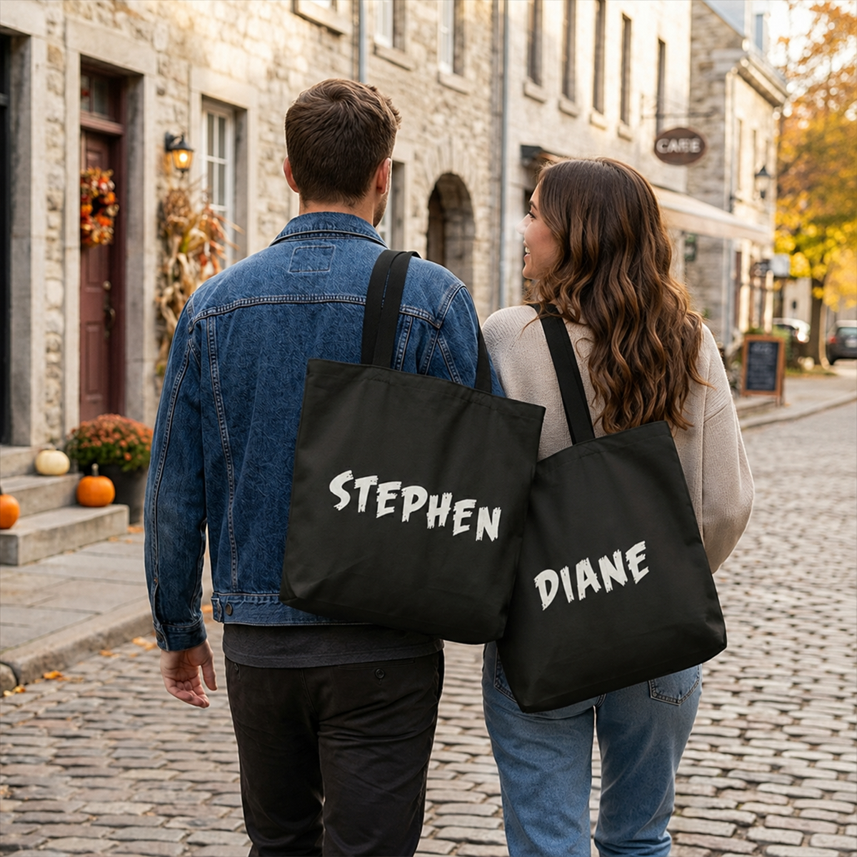 Custom name on trick or treat cotton canvas Halloween tote bag for kids and families
