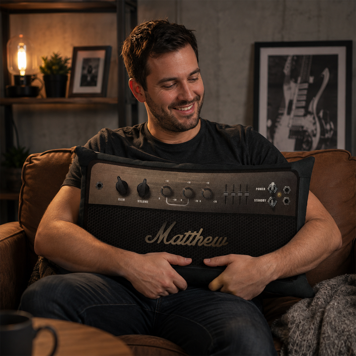 Custom music amp pillow as unique birthday gift for bass and lead guitarists
