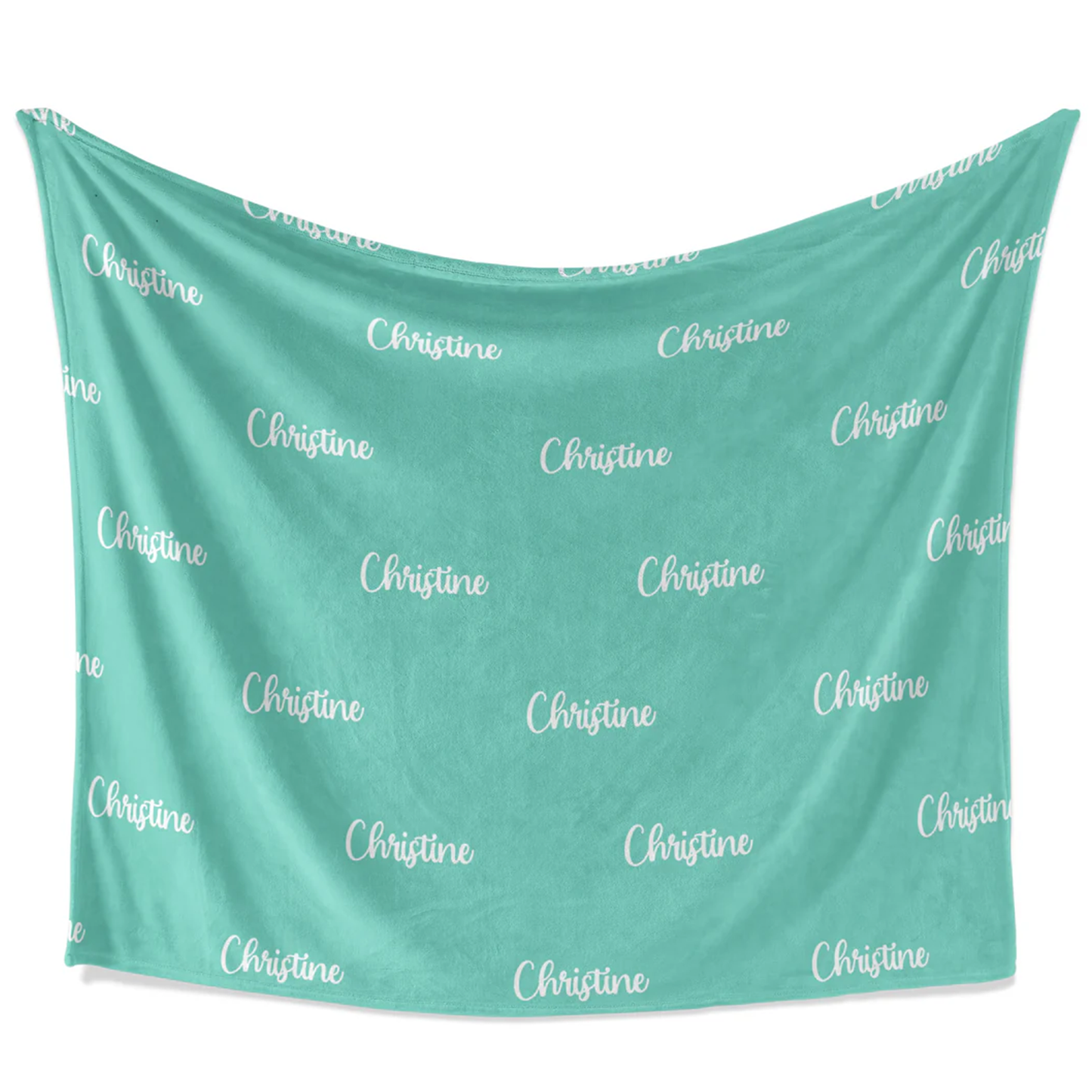 Name and color personalized throw blanket showing full 50 by 60 inch fleece size
