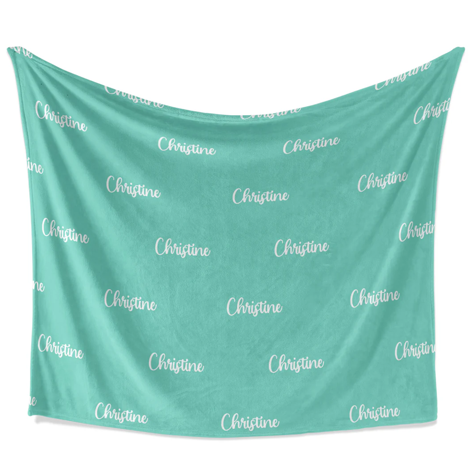 Name and color personalized throw blanket showing full 50 by 60 inch fleece size
