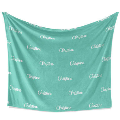 Name and color personalized throw blanket showing full 50 by 60 inch fleece size
