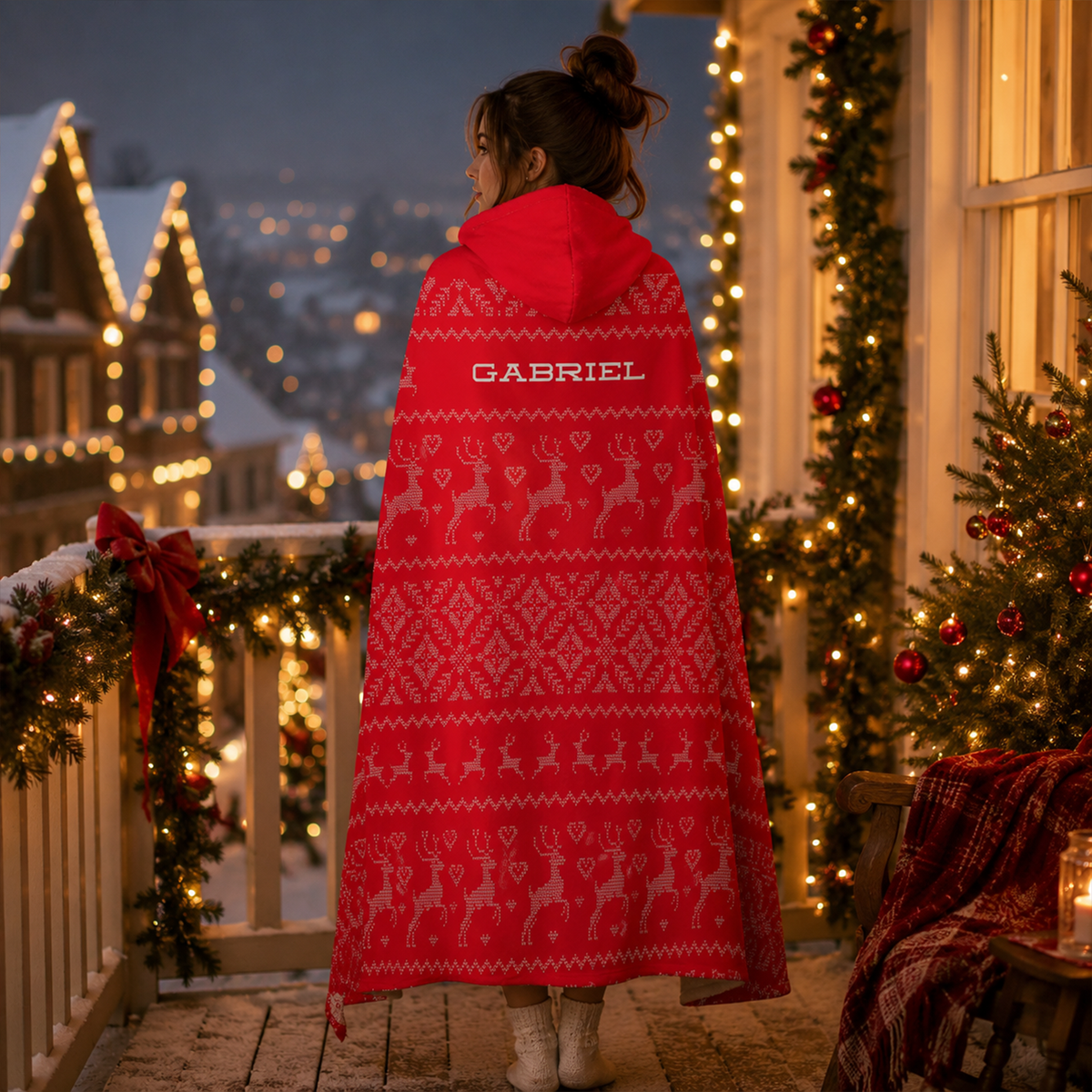 Personalized red Christmas sweater hooded blanket as cozy holiday gift for loved ones
