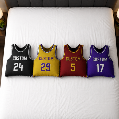 Basketball jersey personalized pillow in multiple color options for team gift giving
