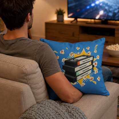 Personalized VHS stack pillow on couch showing full retro cotton cover design
