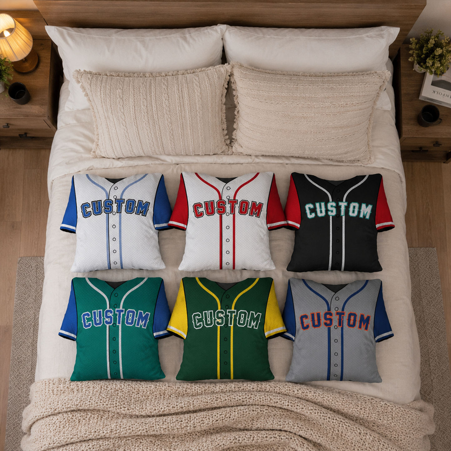 Baseball jersey personalized throw pillows shown in multiple color options for team gift