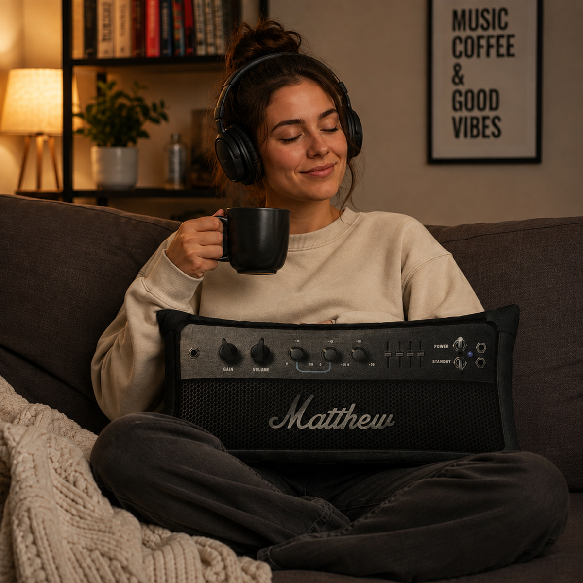 Personalized music amp pillow as birthday gift for guitarists and musicians

