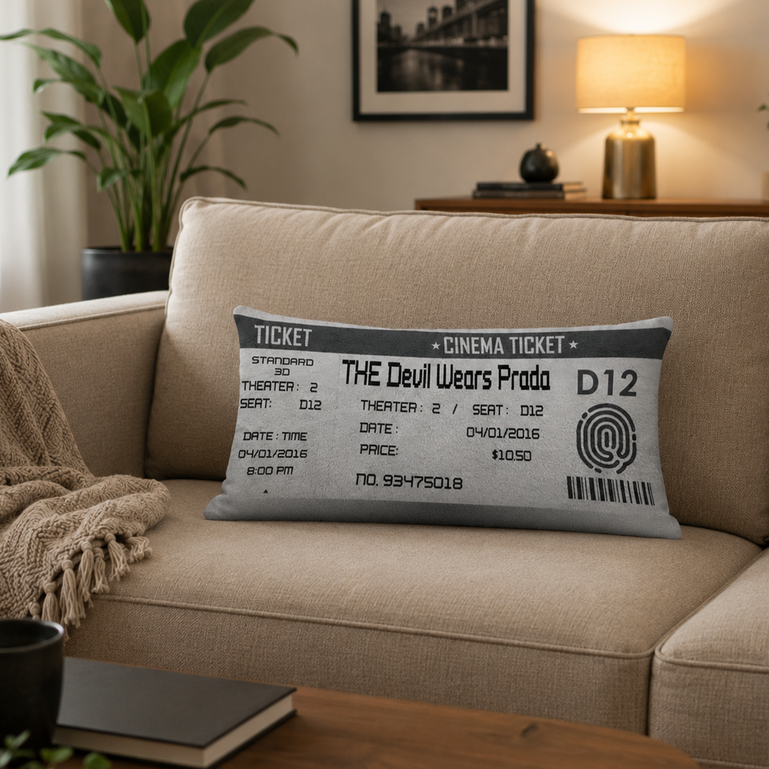 Movie ticket personalized pillow on couch showing full lumbar cotton cover design
