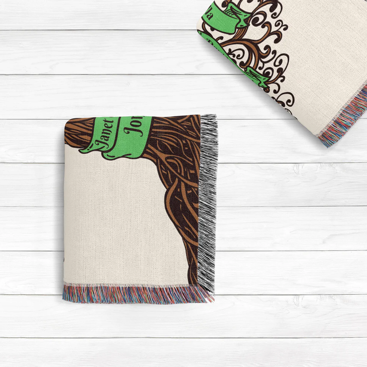Custom family tree throw blanket showing individual names and tree design detail
