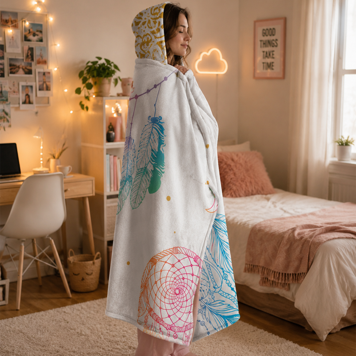 Dream catcher Minky fleece hooded blanket showing vivid boho spiritual design detail
