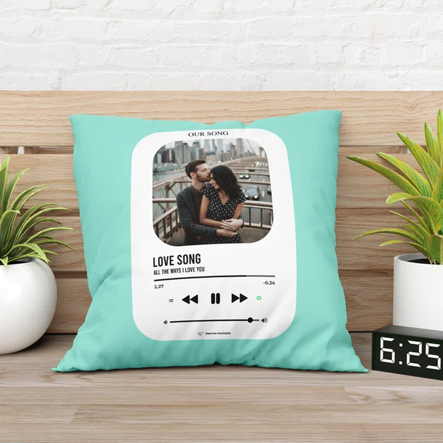Personalized love song pillow on bed as meaningful anniversary keepsake gift
