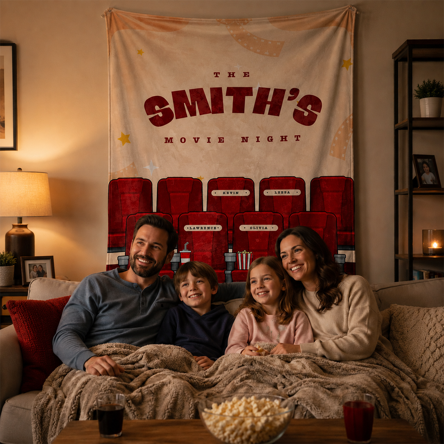 Family wrapped in personalized movie night throw blanket for cozy film night at home

