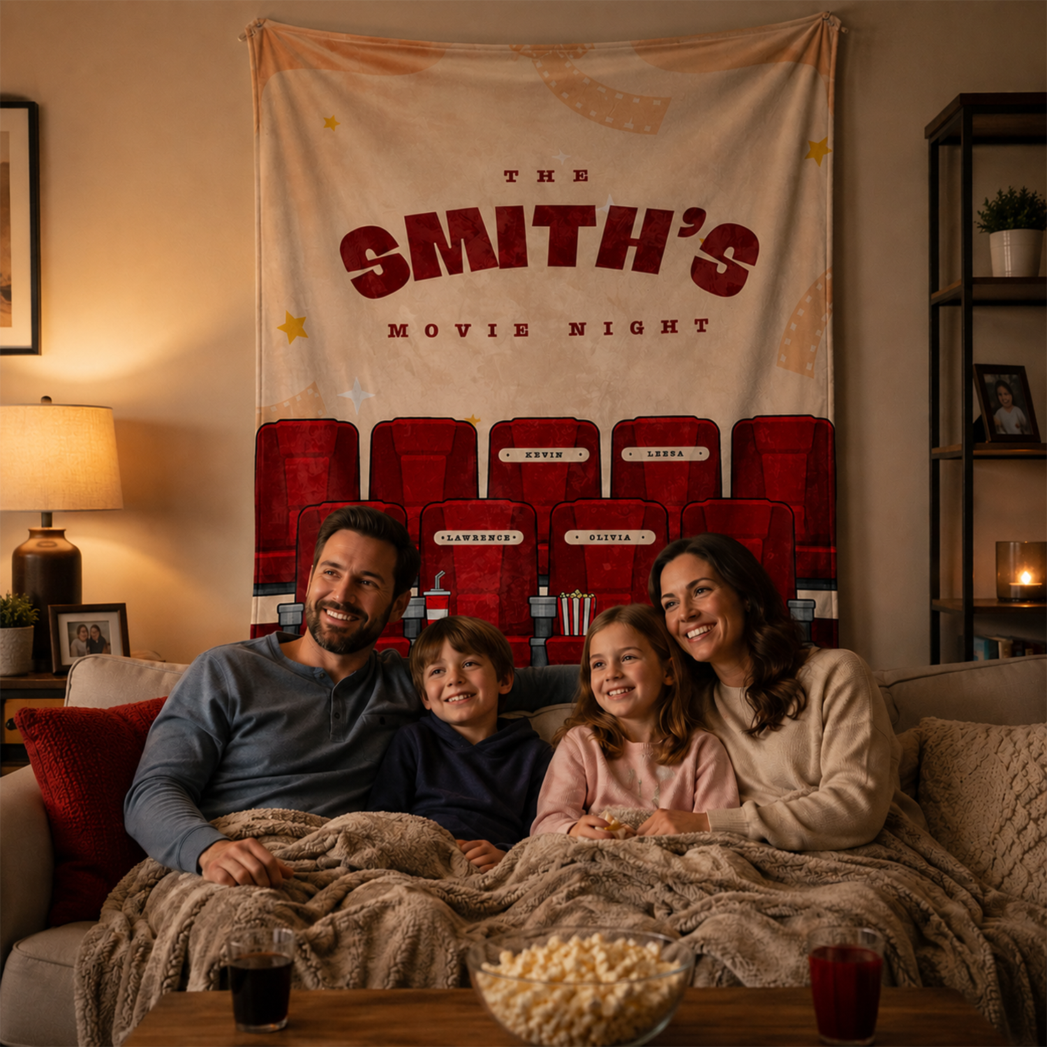 Family wrapped in personalized movie night throw blanket for cozy film night at home
