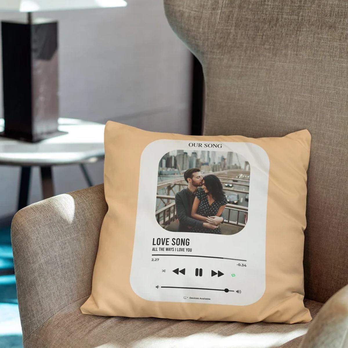 Love song photo pillow back view showing cotton hidden zip cover and print quality
