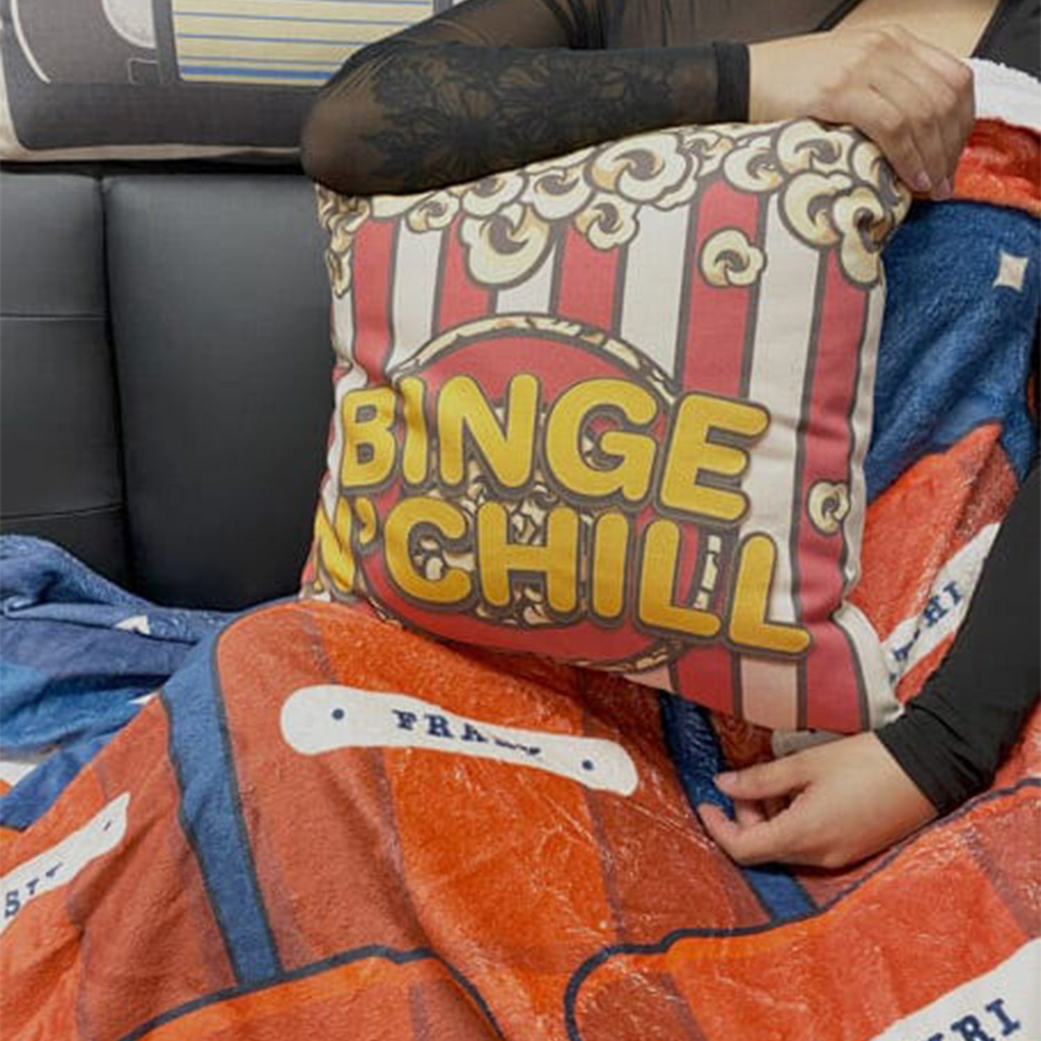 Close-up of custom name on popcorn retro cotton throw pillow