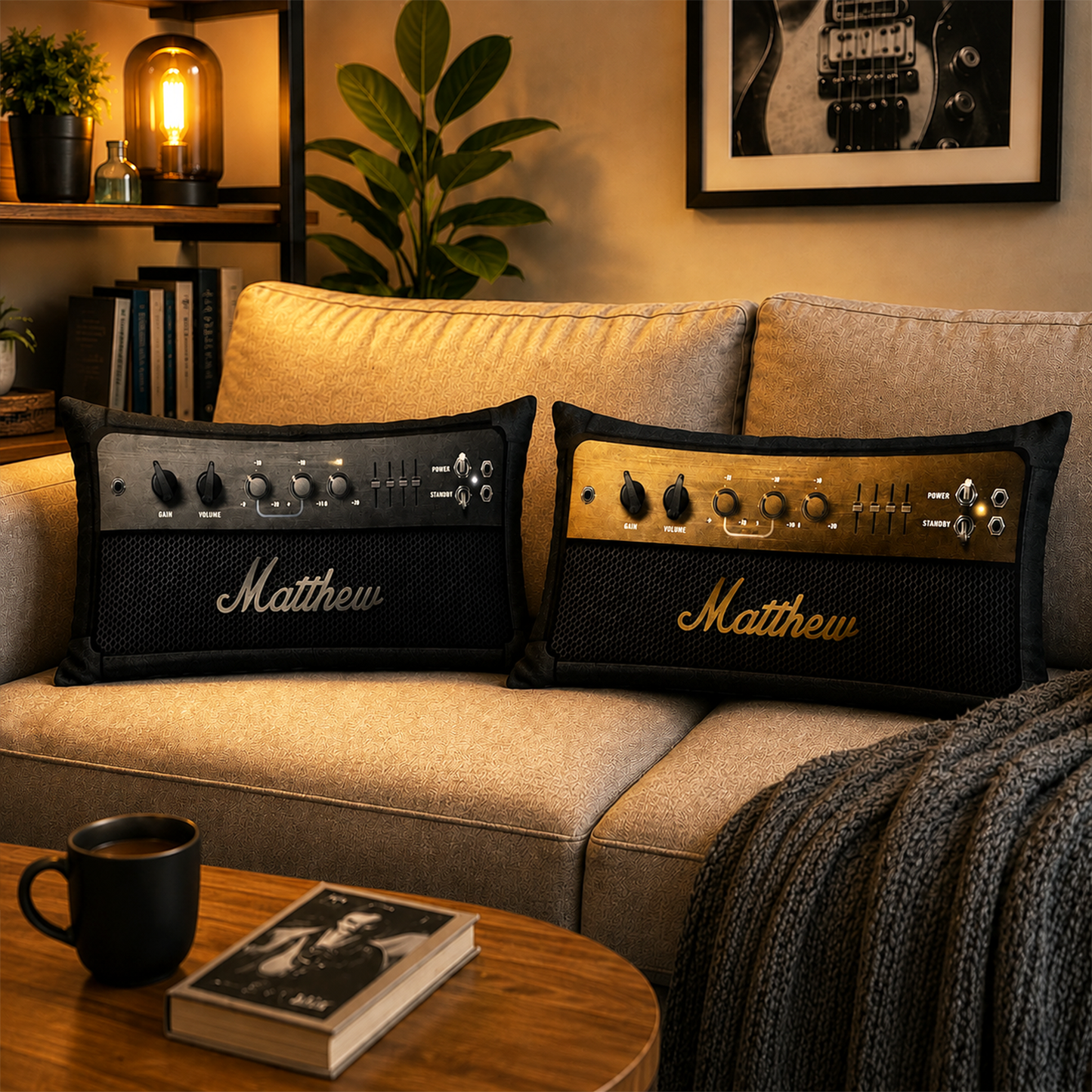 Custom name on music amp cotton throw pillow for guitarists and music room decor
