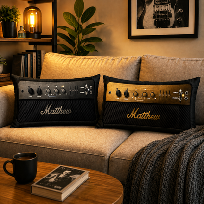 Custom name on music amp cotton throw pillow for guitarists and music room decor
