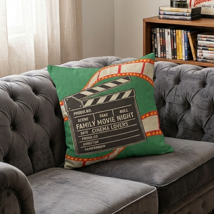 Film slate personalized throw pillow styled in cinema themed home office decor
