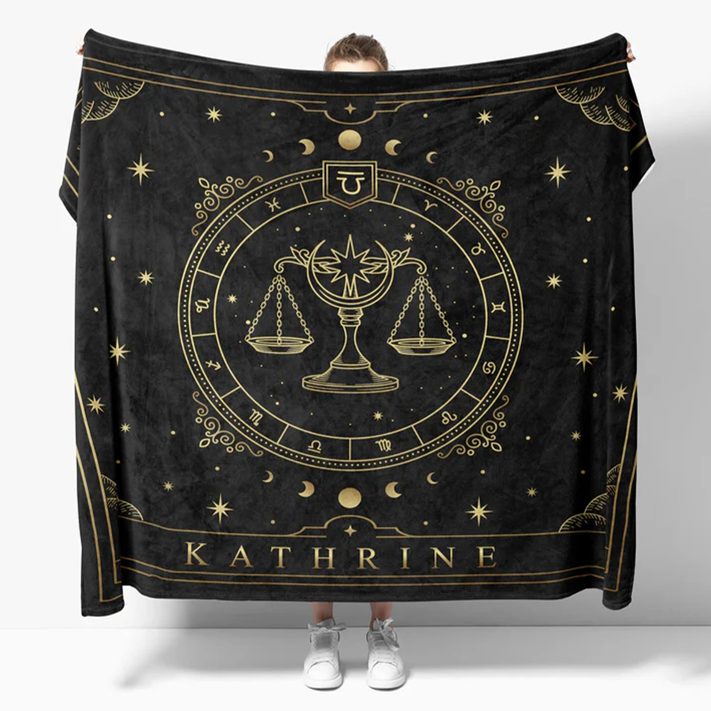 Custom Libra zodiac throw blanket with personalized name as birthday astrology gift
