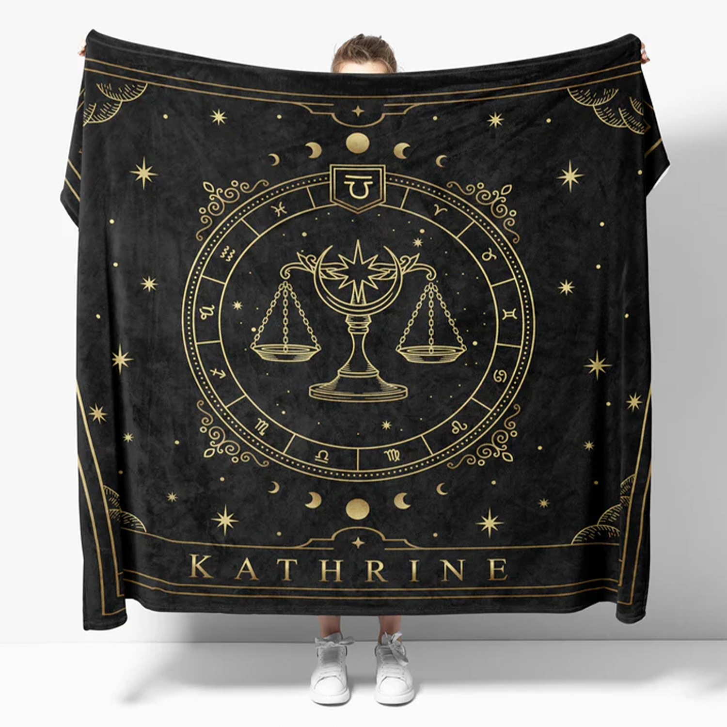 Custom Libra zodiac throw blanket with personalized name as birthday astrology gift
