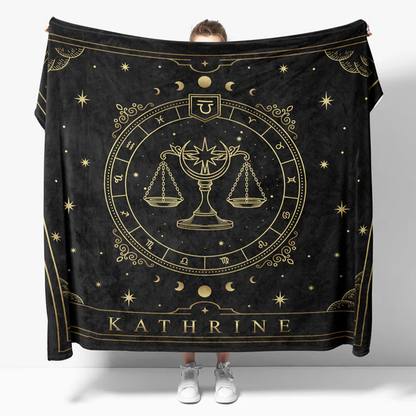 Custom Libra zodiac throw blanket with personalized name as birthday astrology gift
