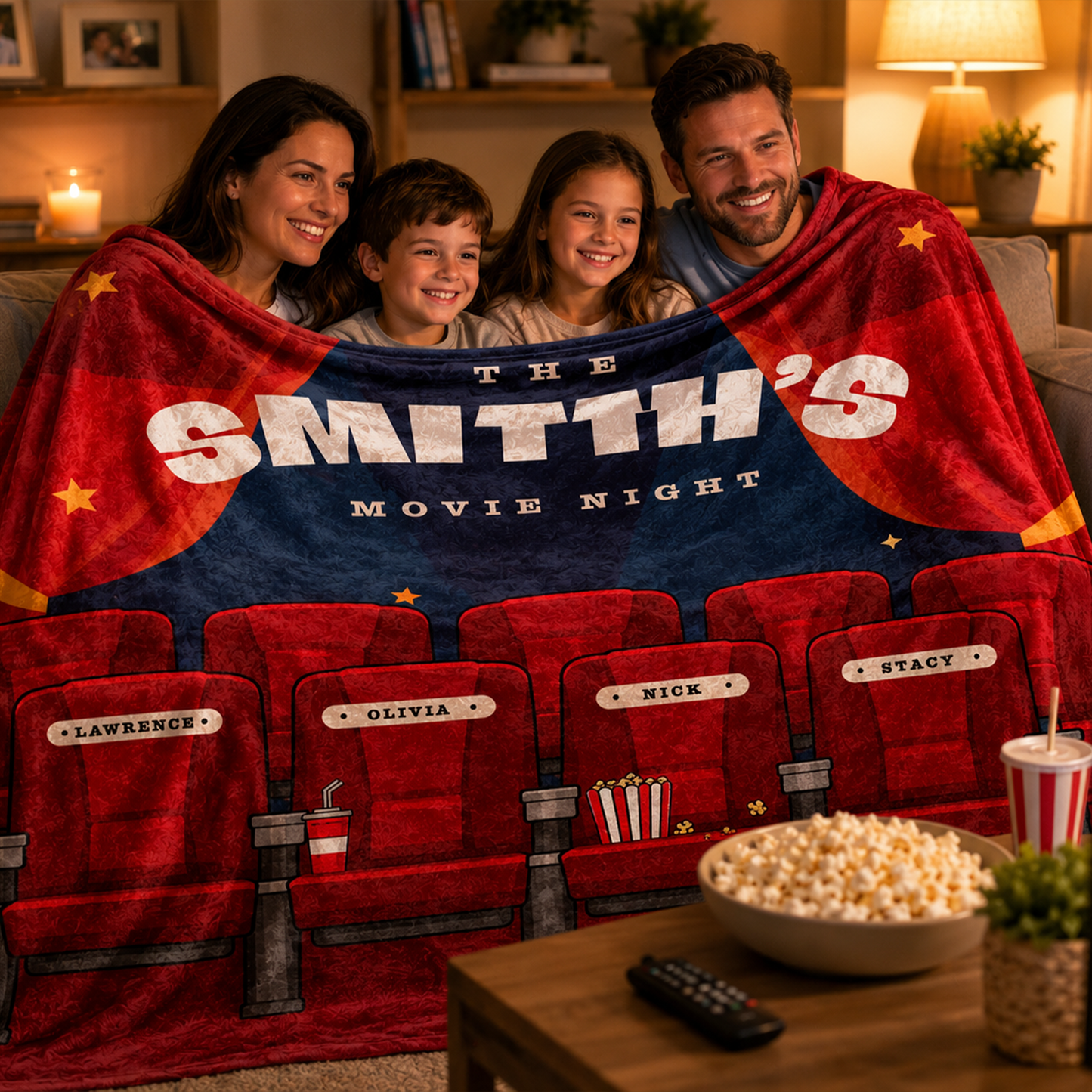 Movie night custom names throw blanket laid flat on couch for home cinema setup
