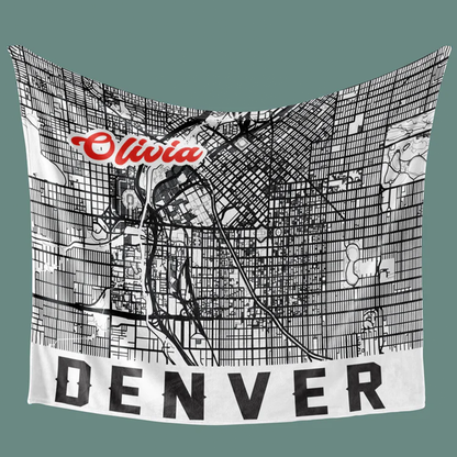 City map throw blanket showing custom name and street detail in fleece design
