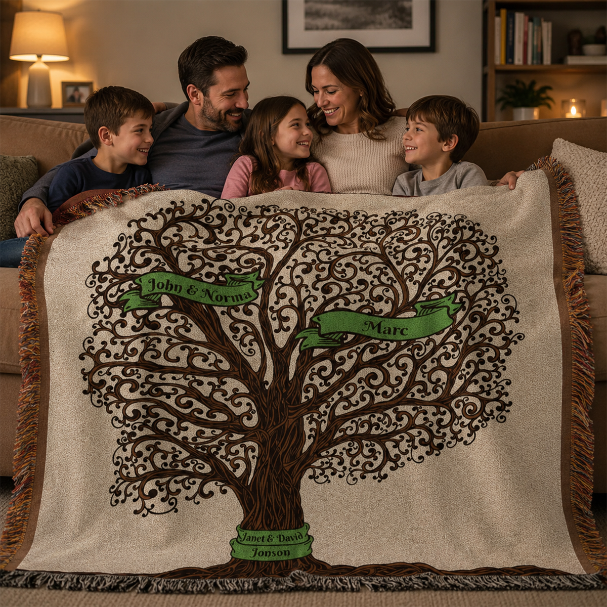 Family gathered around personalized family tree throw blanket as Mothers Day gift

