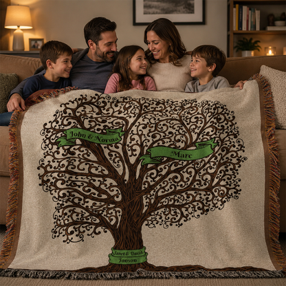 Family gathered around personalized family tree throw blanket as Mothers Day gift
