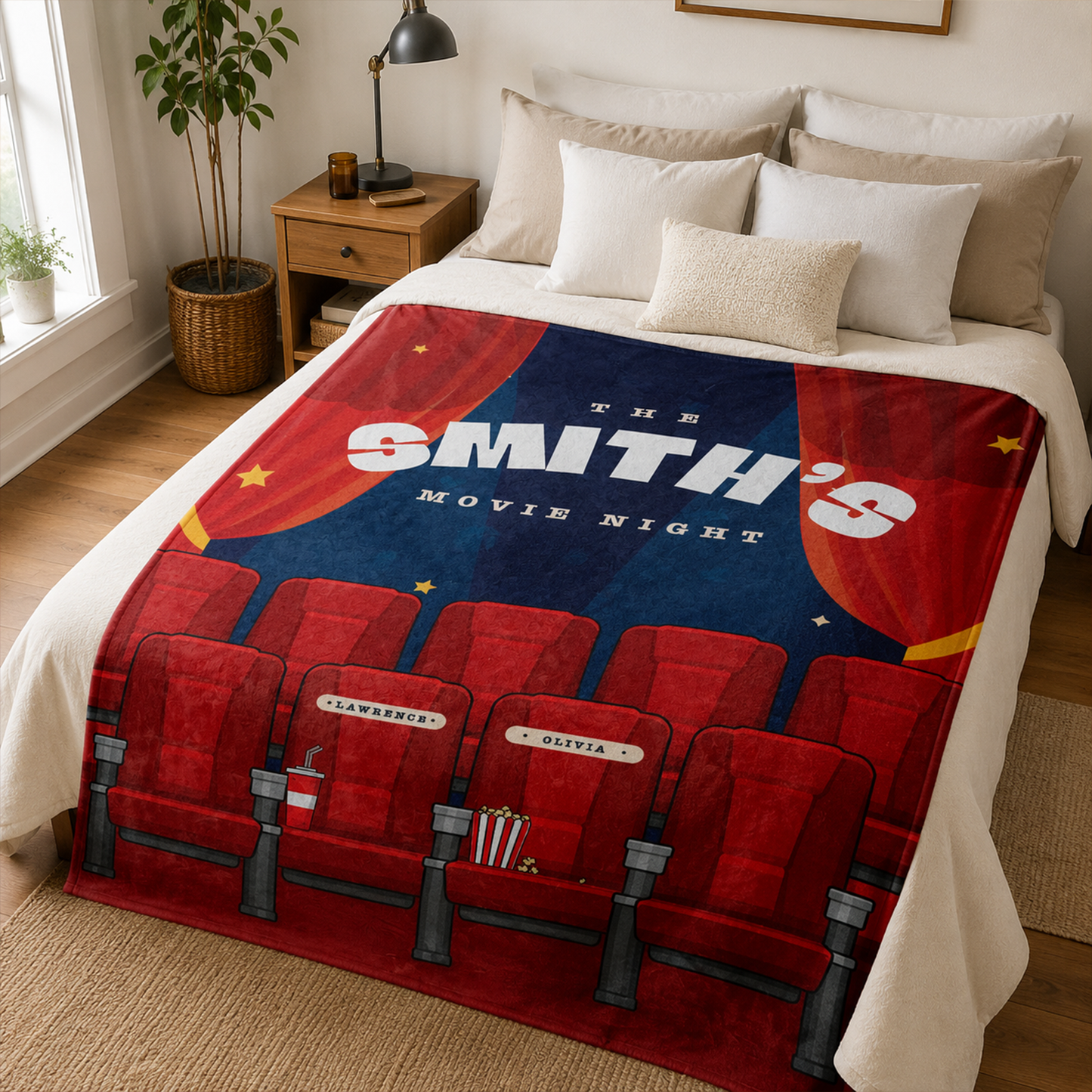 Custom names on cinema themed fleece throw blanket showing vivid edge to edge print
