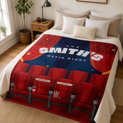 Custom names on cinema themed fleece throw blanket showing vivid edge to edge print
