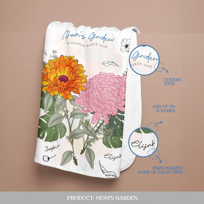 Personalized birth flower blanket showing multiple family member name details
