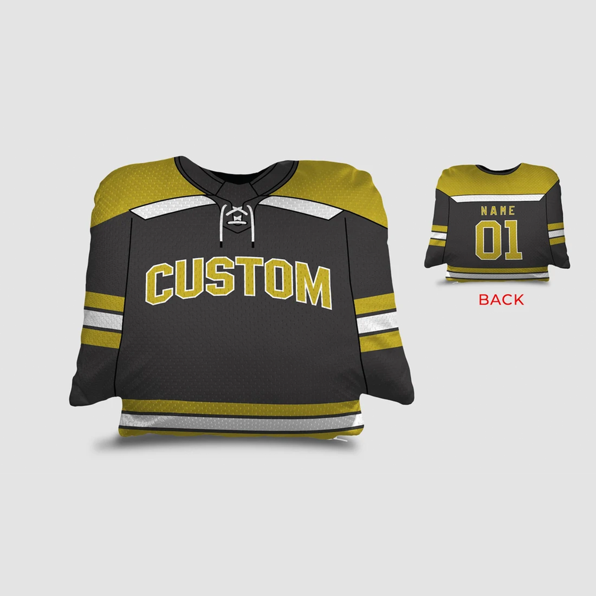 Hockey jersey personalized throw pillow in black gold and white as custom team gift