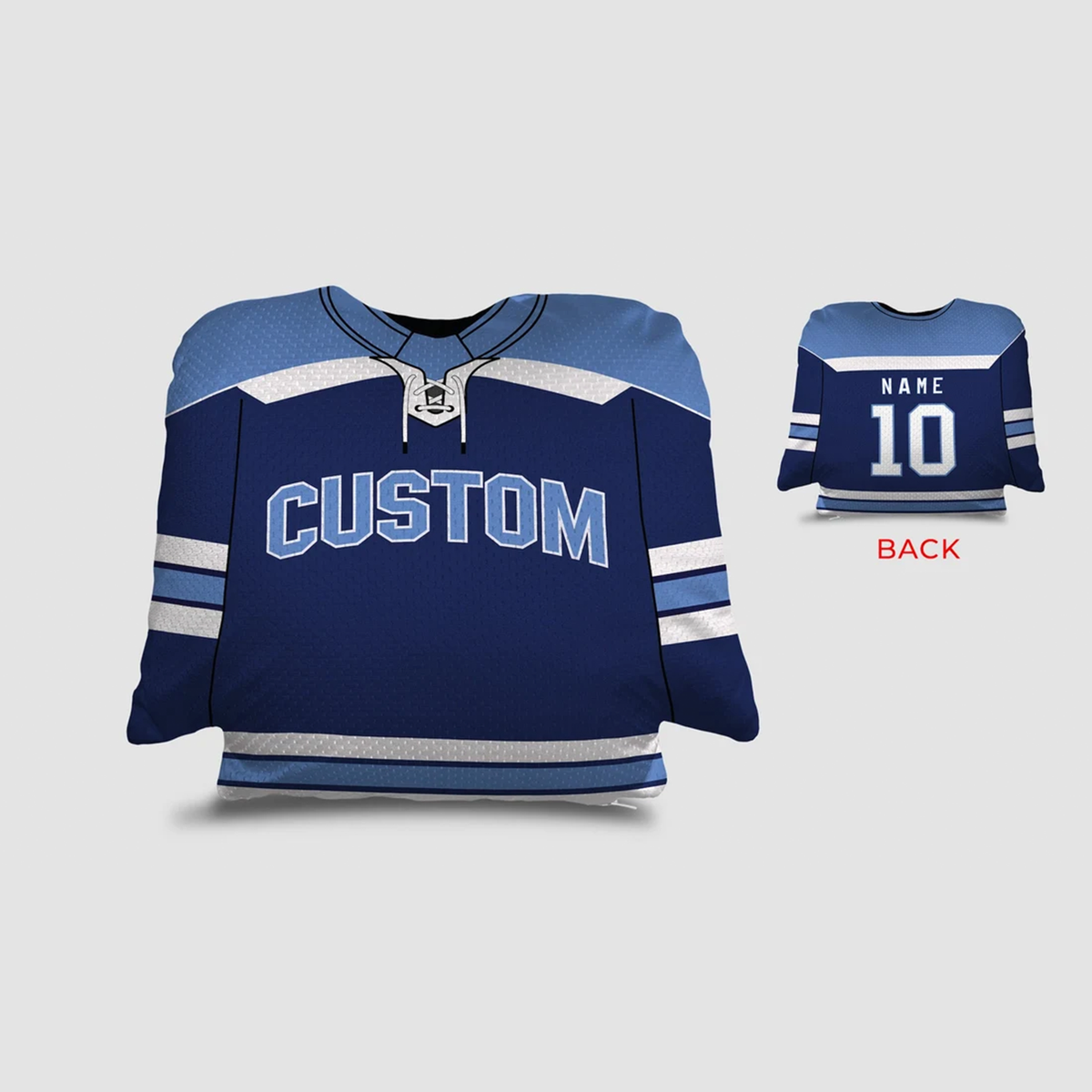 White Hockey jersey throw pillow in light blue royal and white as custom sports fan gift