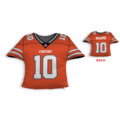 Custom name football jersey throw pillow in orange for sports fan birthday gift
