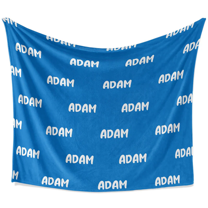 Custom name on blue personalized fleece throw blanket as birthday gift for boys
