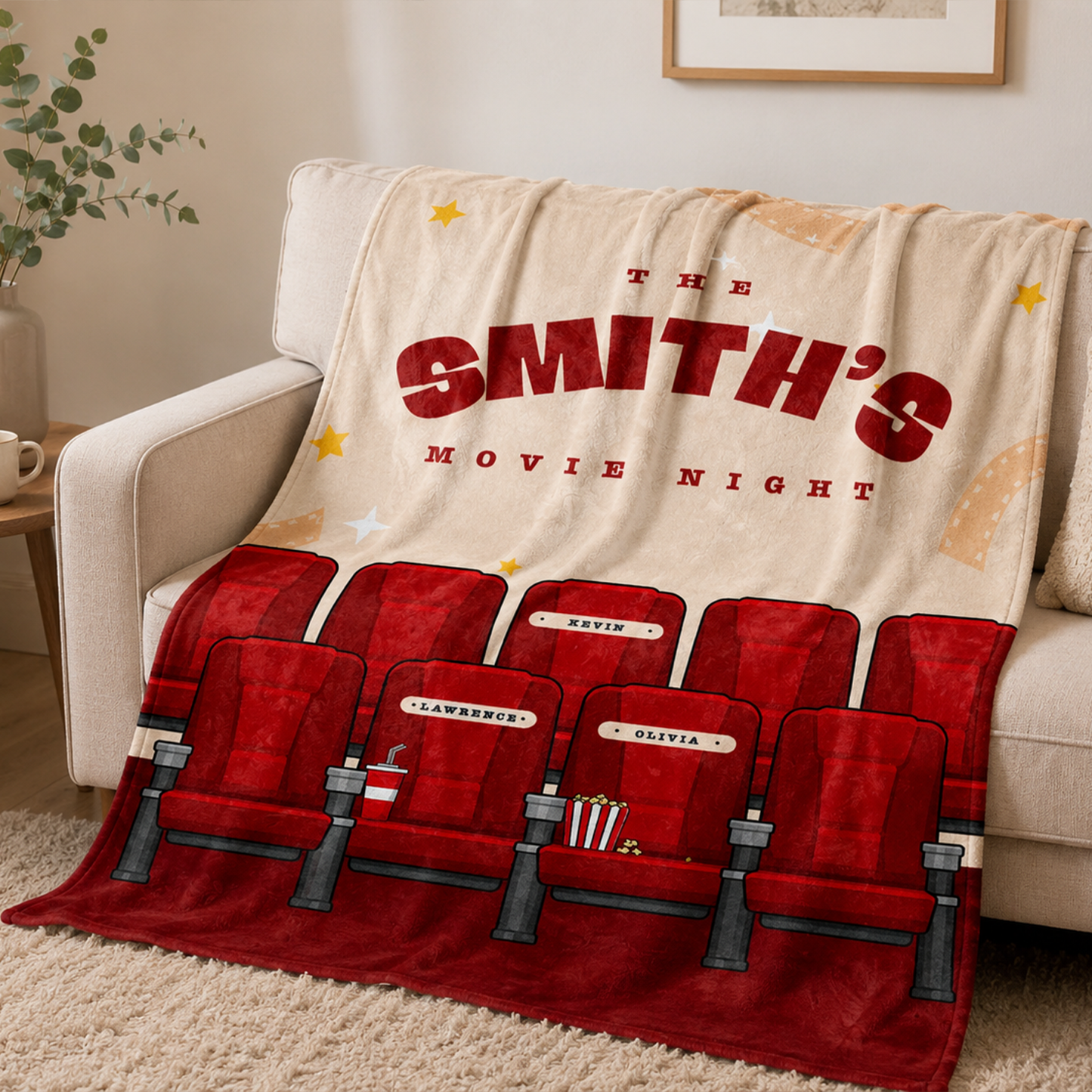 Movie night personalized throw blanket as fun birthday gift for families and couples
