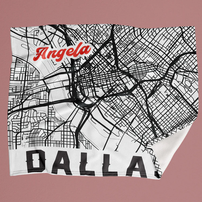 Custom city map blanket with individual street and landmark detail on fleece throw
